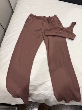 SKIMS Ribbed Wide-Leg Lounge Set in Mauve Brown